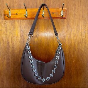 Chocolate Brown Crescent Shoulder Bag with Silver Bag Chain